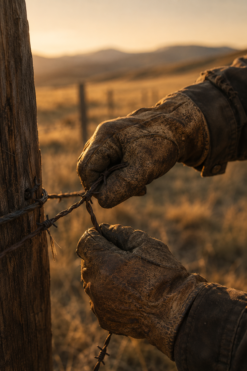 Hands repairing a barbed wire fence on the prairie